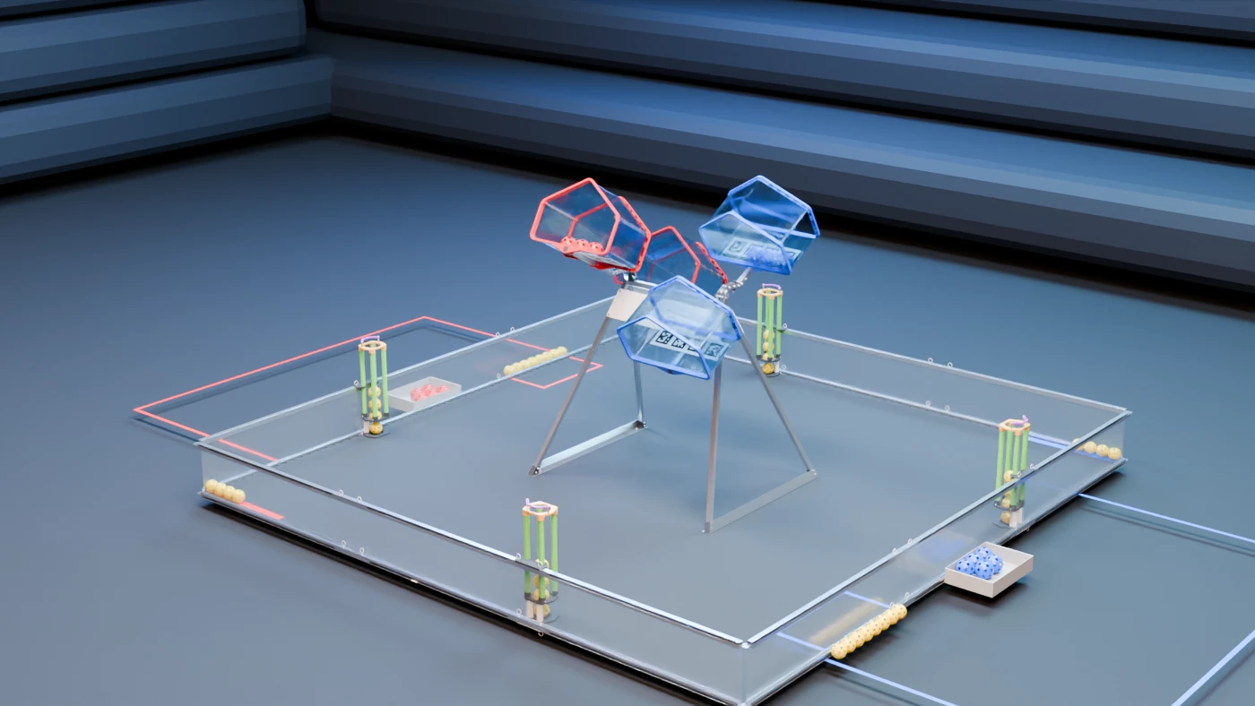 Cinematic BIOBUZZ playing field with red and blue HIVES